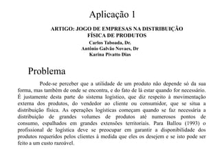 Aplicação 1
              ARTIGO: JOGO DE EMPRESAS NA DISTRIBUIÇÃO
                         FÍSICA DE PRODUTOS
                               Carlos Taboada, Dr.
                            Antônio Galvão Novaes, Dr
                               Karina Pivatto Dias


    Problema
          Pode-se perceber que a utilidade de um produto não depende só da sua
forma, mas também de onde se encontra, e do fato de lá estar quando for necessário.
É justamente desta parte do sistema logístico, que diz respeito à movimentação
externa dos produtos, do vendedor ao cliente ou consumidor, que se situa a
distribuição física. As operações logísticas começam quando se faz necessária a
distribuição de grandes volumes de produtos até numerosos pontos de
consumo, espalhados em grandes extensões territoriais. Para Ballou (1993) o
profissional de logística deve se preocupar em garantir a disponibilidade dos
produtos requeridos pelos clientes à medida que eles os desejem e se isto pode ser
feito a um custo razoável.
 