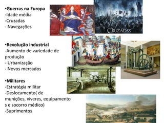 •Guerras na Europa
-Idade média
-Cruzadas
- Navegações


•Revolução industrial
-Aumento de variedade de
produção
- Urbanização
- Novos mercados

•Militares
-Estratégia militar
-Deslocamento( de
munições, víveres, equipamento
s e socorro médico)
-Suprimentos
 