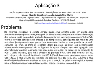 Aplicação 3
      LOGÍSTICA REVERSA NUMA EMPRESADE LAMINAÇÃO DE VIDROS: UM ESTUDO DE CASO
                   Marcus Eduardo GonçalvesFernando Augusto Silva Marins
   Grupo de Otimização e Logística – GOL, Departamento de Engenharia de Produção, Campus de
                Guaratinguetá,Universidade Estadual Paulista – UNESP, SP, Brasil.
                                FONTE:http://www.scielo.br/pdf/gp/v13n3/03.pdf . Acessado em 02/09/11


Problema
 Na empresa estudada, a sucata gerada pelos seus clientes pode ser usada para
 rea-limentar o seu processo de produção. Os clientes desta empresa realizam a laminação
 dos vidros a partir do produto acabado. Isto consiste em sub-meter o conjunto Vidro-PVB-
 Vidro a elevadas condições de pressão e de temperatura, conseguidas por meio de uma
 autoclave (equipamento que possui funcionamento similar a uma panela de pressão
 comum). No final, so-bram as rebarbas deste processo, as quais são denomi-nadas
 aparas, conforme esquematizado na Figura 4. As aparas não possuem valor agregado para
 o beneficiador do vidro laminado, mas podem ser reinseridas no proces-so de produção de
 PVB. . Dessa maneira, para uma unidade do produto fi-nal, com área nominal de 250
 m2, cujo preço de venda foi estimado em US$ 7,00/m2, havia uma perda com aparas entre
 US$ 122,50 e US$ 245,00 por unidade do produto final (ou seja, US$ 0,49/m2 a US$
 0,98/m2).O desafio é desenvolver estudos para a adoção de práticas de Logística Reversa
 na reutilização das aparas geradas pelos seus clientes no processo produtivo.
 