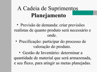 A Cadeia de Suprimentos
Planejamento
• Previsão de demanda: criar previsões
realistas de quanto produto será necessário e
onde.
• Precificação: participar do processo de
valoração do produto.
• Gestão de Inventário: determinar a
quantidade de material que será armazenada,
e seu fluxo, para atingir as metas planejadas.
 
