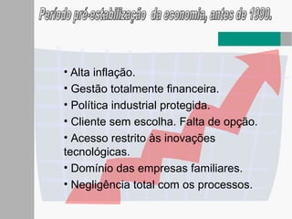 • Alta inflação.
• Gestão totalmente financeira.
• Política industrial protegida.
• Cliente sem escolha. Falta de opção.
• Acesso restrito às inovações
tecnológicas.
• Domínio das empresas familiares.
• Negligência total com os processos.
 