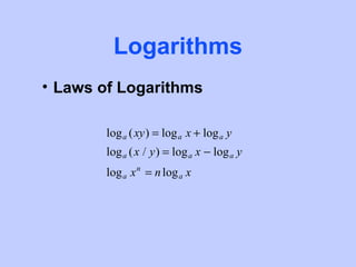 Logarithms
• Laws of Logarithms

        log a (xy) = log a x + log a y
        log a (x / y) = log a x − log a y
        log a x n = n log a x
 