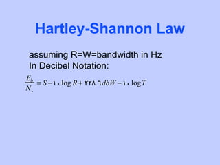Hartley-Shannon Law
 assuming R=W=bandwidth in Hz
 In Decibel Notation:
Eb
   = S −10 log R + 228. 6dbW − 10 logT
N0
 