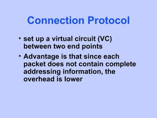 Connection Protocol
• set up a virtual circuit (VC)
  between two end points
• Advantage is that since each
  packet does not contain complete
  addressing information, the
  overhead is lower
 