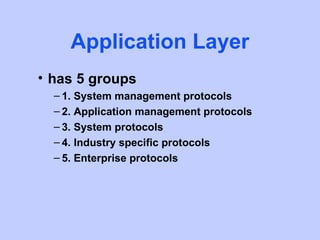 Application Layer
• has 5 groups
  – 1. System management protocols
  – 2. Application management protocols
  – 3. System protocols
  – 4. Industry specific protocols
  – 5. Enterprise protocols
 