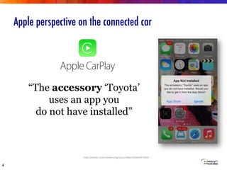 Apple perspective on the connected car
4
“The accessory ‘Toyota’
uses an app you
do not have installed” 
h"ps://twi"er.com/ma"wensing/status/486215056435073024	
  
 