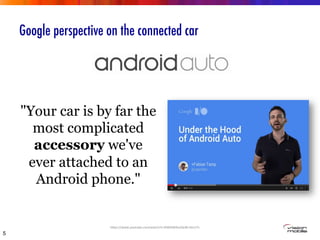Google perspective on the connected car
5
"Your car is by far the
most complicated
accessory we've
ever attached to an
Android phone." 
h"ps://www.youtube.com/watch?v=KNKGM4ss5Sc#t=0m17s	
  
 