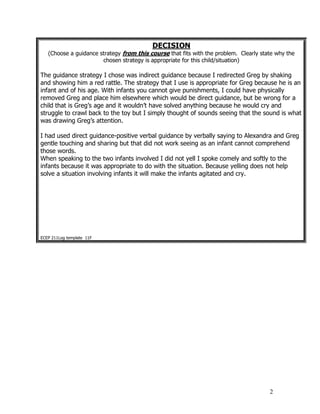 2
DECISION
(Choose a guidance strategy from this course that fits with the problem. Clearly state why the
chosen strategy is appropriate for this child/situation)
The guidance strategy I chose was indirect guidance because I redirected Greg by shaking
and showing him a red rattle. The strategy that I use is appropriate for Greg because he is an
infant and of his age. With infants you cannot give punishments, I could have physically
removed Greg and place him elsewhere which would be direct guidance, but be wrong for a
child that is Greg’s age and it wouldn’t have solved anything because he would cry and
struggle to crawl back to the toy but I simply thought of sounds seeing that the sound is what
was drawing Greg’s attention.
I had used direct guidance-positive verbal guidance by verbally saying to Alexandra and Greg
gentle touching and sharing but that did not work seeing as an infant cannot comprehend
those words.
When speaking to the two infants involved I did not yell I spoke comely and softly to the
infants because it was appropriate to do with the situation. Because yelling does not help
solve a situation involving infants it will make the infants agitated and cry.
ECEP 211Log template 11F
 