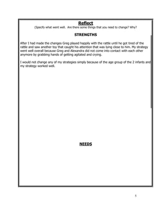 5
Reflect
(Specify what went well. Are there some things that you need to change? Why?
STRENGTHS
After I had made the changes Greg played happily with the rattle until he got tired of the
rattle and saw another toy that caught his attention that was lying close to him. My strategy
went well overall because Greg and Alexandra did not come into contact with each other
anymore by grabbing hands of getting agitated and crying.
I would not change any of my strategies simply because of the age group of the 2 infants and
my strategy worked well.
NEEDS
 