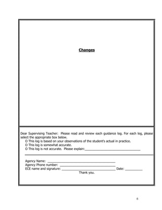 6
Changes
Dear Supervising Teacher: Please read and review each guidance log. For each log, please
select the appropriate box below.
O This log is based on your observations of the student’s actual in practice.
O This log is somewhat accurate.
O This log is not accurate. Please explain:________________________________
Agency Name: _______________________________________
Agency Phone number: ________________________________
ECE name and signature: _______________________________ Date: __________
Thank you.
 