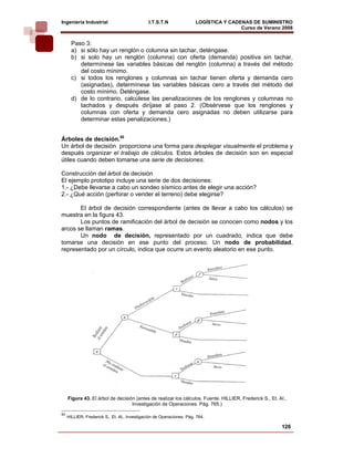 Ingeniería Industrial                          I.T.S.T.N               LOGÍSTICA Y CADENAS DE SUMINISTRO
                                                                                       Curso de Verano 2008      
       Paso 3:
       a) si sólo hay un renglón o columna sin tachar, deténgase.
       b) si solo hay un renglón (columna) con oferta (demanda) positiva sin tachar,
          determínese las variables básicas del renglón (columna) a través del método
          del costo mínimo.
       c) si todos los renglones y columnas sin tachar tienen oferta y demanda cero
          (asignadas), determínese las variables básicas cero a través del método del
          costo mínimo. Deténgase.
       d) de lo contrario, calcúlese las penalizaciones de los renglones y columnas no
          tachados y después diríjase al paso 2. (Obsérvese que los renglones y
          columnas con oferta y demanda cero asignadas no deben utilizarse para
          determinar estas penalizaciones.)


Árboles de decisión.50
Un árbol de decisión proporciona una forma para desplegar visualmente el problema y
después organizar el trabajo de cálculos. Estos árboles de decisión son en especial
útiles cuando deben tomarse una serie de decisiones.

Construcción del árbol de decisión
El ejemplo prototipo incluye una serie de dos decisiones:
1.- ¿Debe llevarse a cabo un sondeo sísmico antes de elegir una acción?
2.- ¿Qué acción (perforar o vender el terreno) debe elegirse?

       El árbol de decisión correspondiente (antes de llevar a cabo los cálculos) se
muestra en la figura 43.
       Los puntos de ramificación del árbol de decisión se conocen como nodos y los
arcos se llaman ramas.
       Un nodo de decisión, representado por un cuadrado, indica que debe
tomarse una decisión en ese punto del proceso. Un nodo de probabilidad,
representado por un círculo, indica que ocurre un evento aleatorio en ese punto.




                                                                                                  
     Figura 43. El árbol de decisión (antes de realizar los cálculos. Fuente. HILLIER, Frederick S., Et. Al.,
                                   Investigación de Operaciones. Pág. 765.)

50
     HILLIER, Frederick S., Et. Al., Investigación de Operaciones. Pág. 764.

                                                                                                          126
 