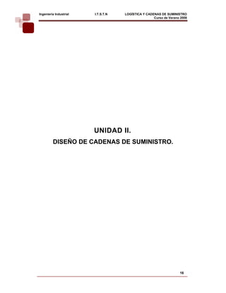 Ingeniería Industrial   I.T.S.T.N   LOGÍSTICA Y CADENAS DE SUMINISTRO
                                                    Curso de Verano 2008    




                        UNIDAD II.
         DISEÑO DE CADENAS DE SUMINISTRO.




                                                                   16
 