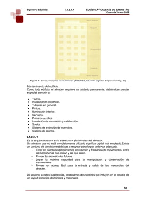 Ingeniería Industrial                 I.T.S.T.N            LOGÍSTICA Y CADENAS DE SUMINISTRO
                                                                           Curso de Verano 2008       




    Figura 11. Zonas principales en un almacén. (ARBONES, Eduardo. Logística Empresarial. Pág. 32)

Mantenimiento del edificio.
Como todo edificio, el almacén requiere un cuidado permanente, debiéndose prestar
especial atención a:

•    Techos.
•    Instalaciones eléctricas.
•    Tuberías en general.
•    Pintura.
•    Iluminación interior.
•    Servicios.
•    Primeros auxilios.
•    Instalación de ventilación y calefacción.
•    Suelos.
•    Sistema de extinción de incendios.
•    Sistema de alarma.

LAYOUT
Es la esquematización de la distribución planimétrica del almacén.
Un almacén que no está completamente utilizado significa capital mal empleado.Existe
un conjunto de condiciones básicas a respetar para lograr un layout adecuado.
    − Tener en cuenta las proporciones en volumen y frecuencia de movimientos, entre
        las mercaderías que entran y las que salen.
    − Preveer las necesidades futuras.
    − Lograr la máxima seguridad para la manipulación y conservación de
        los materiales.
    − Preveer un acceso fácil para la entrada y salida de las mercancías del
        almacén.

De acuerdo a estas sugerencias, destacamos dos factores que influyen en el estudio de
un layout: espacios disponibles y materiales.


                                                                                                50
 