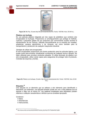 Ingeniería Industrial                      I.T.S.T.N             LOGÍSTICA Y CADENAS DE SUMINISTRO
                                                                                 Curso de Verano 2008          




       Figura 34. Mic Pac. (Fuente.http://farcam.biz/productos.htm, Fecha: 10/07/08, Hora: 20:38 hrs.)

Plástico con burbuja.
Es una película plástica integrada por dos capas de polietileno que contiene aire
encapsulado en burbujas. Proporciona un amortiguamiento que protege el maltrato,
rupturas o pequeños golpes de sus productos que comúnmente sucede durante la
transportación de los mismos. Utilizado frecuentemente en la industria de muebles,
artesanías, equipos electrónicos y de cómputo, así como también para la
transportación y protección de cualquier maquinaria industrial.

Ventajas de utilizar aire encapsulado
El aire encapsulado proporciona una buena protección para los artículos ligeros y se
puede cortar para envolver virtualmente a productos de cualquier forma o tamaño. No
debe utilizarse para envolver productos pesados. Si utiliza laminado de plástico con
aire encapsulado, utilice varias capas para asegurarse de proteger todo el producto,
incluidas las esquinas y bordes.




 Figura 35. Plástico con burbujas. (Fuente: http://farcam.biz/productos.htm, Fecha: 10/07/08, Hora: 20:38
                                                     hrs.)



Etiquetas.39
Una etiqueta es un elemento que se adhiere a otro elemento para identificarlo o
describirlo; por extensión, una etiqueta también puede ser una o más palabras que se
asocian a algo con el mismo fin. Las palabras empleadas para etiquetado pueden
referirse a cualquier característica o atributo que se considere apropiado.

Contienen:
 • Datos
 • Advertencias
 • Instrucciones.



39
     http://www.scribd.com/word/full/2459593?access_key=key-27p17axleaw4wk1aiq8n

                                                                                                         82
 