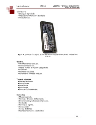 Ingeniería Industrial                  I.T.S.T.N            LOGÍSTICA Y CADENAS DE SUMINISTRO
                                                                            Curso de Verano 2008          
Contribuye a:
 • Distinguir el producto
 • Proporcionar información de interés.
 • Viste al envase.




  Figura 36. Ejemplo de una etiqueta. (Fuente. http://farcam.biz/productos.htm, Fecha: 10/07/08, Hora:
                                              20:38 hrs.)



Objetivo.
 • Identificación del producto.
 • Instrucciones de uso.
 • Precio, número de registro y de patente.
 • Contenido.
 • Fecha de caducidad.
 • Favorecer la venta del producto.


Tipos de etiquetas.
  • Marca y fabricante.
  • Instrucciones.
  • Advertencia.
  • Formulación
  • Exportación /Importación.


Elementos.
  • Marca registrada.
  • Nombre y dirección del fabricante.
  • Denominación y naturaleza del producto.
  • Contenido.
  • Número de registro.
  • Composición.
  • Código de barras.
  • Fecha de fabricación y caducidad.


                                                                                                   83
 