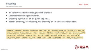 Encoding
Log Yönetimi ve Saldırı Analizi
@BGASecurity
BGA | SOME
• Bir veriyi başka formatlarda gösterme işlemidir
• Geriye çevrilebilir algoritmalardır.
• Encoding algoritması ek bir gizlilik sağlamaz.
• Base64 encoding, url encoding, hex encoding en sık karşılaşılan çeşitlerdir.
 
