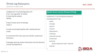 Örnek Log Rotasyonu
Log Yönetimi ve Saldırı Analizi
@BGASecurity
BGA | SOME
root@server1:~# cat /etc/logrotate.conf
# see "man logrotate" for details
# rotate log files weekly
Weekly
# keep 4 weeks worth of backlogs
rotate 4
# create new (empty) log files after rotating old ones
create
# uncomment this if you want your log files compressed
#compress
# packages drop log rotation information into this directory
include /etc/logrotate.d
root@server1:~# cat /etc/logrotate.d/apache2
/var/log/apache2/*.log {
weekly
missingok
rotate 52
compress
delaycompress
notifempty
create 640 root adm
sharedscripts
postrotate
/etc/init.d/apache2 reload > /dev/null
endscript
}
Apache Access Log için Rotasyon Örneği
 