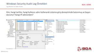 Windows Security Audit Log Örnekleri
Log Yönetimi ve Saldırı Analizi
@BGASecurity
BGA | SOME
Kim, hangi tarihte, hangi kullanıcı adını kullanarak sisteme giriş deneyiminde bulunmuş ve başarı
durumu? Hangi IP adresinden?
 