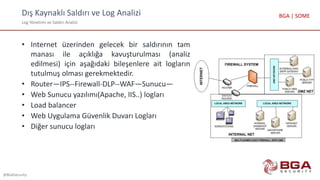 Dış Kaynaklı Saldırı ve Log Analizi
Log Yönetimi ve Saldırı Analizi
@BGASecurity
BGA | SOME
• Internet üzerinden gelecek bir saldırının tam
manası ile açıklığa kavuşturulması (analiz
edilmesi) için aşağıdaki bileşenlere ait logların
tutulmuş olması gerekmektedir.
• Router—IPS--Firewall-DLP--WAF—Sunucu—
• Web Sunucu yazılımı(Apache, IIS..) logları
• Load balancer
• Web Uygulama Güvenlik Duvarı Logları
• Diğer sunucu logları
 