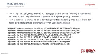 MITM Denemesi
Log Yönetimi ve Saldırı Analizi
@BGASecurity
BGA | SOME
• Yerel ağ da gerçekleştirilecek L2 seviyeyi araya girme (MITM) saldırılarında
Arpwatch, Snort veya benzeri IDS yazılımları aşağıdaki gibi log üretecektir.
• Temel mantık olarak “daha önce kaydettiği veritabanındaki ip-mac bileşenlerinden
farklı bir değer görmesi durumunda” uyarı ver şeklinde çalışır.
 
