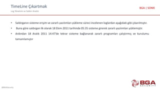 TimeLine Çıkartmak
Log Yönetimi ve Saldırı Analizi
@BGASecurity
BGA | SOME
• Saldırganın sisteme erişim ve zararlı yazılımları yükleme süreci incelenen loglardan aşağıdaki gibi çıkarılmıştır.
• Buna göre saldırgan ilk olarak 18 Ekim 2011 tarihinde 05:35 sisteme girerek zararlı yazılımları yüklemiştir.
• Ardından 18 Aralık 2011 14:47’de tekrar sisteme bağlanarak zararlı programları çalıştırmış ve kurulumu
tamamlamıştır
 