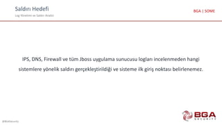 Saldırı Hedefi
Log Yönetimi ve Saldırı Analizi
@BGASecurity
BGA | SOME
IPS, DNS, Firewall ve tüm Jboss uygulama sunucusu logları incelenmeden hangi
sistemlere yönelik saldırı gerçekleştirildiği ve sisteme ilk giriş noktası belirlenemez.
 