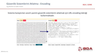 Güvenlik Sistemlerini Atlatma : Encoding
Log Yönetimi ve Saldırı Analizi
@BGASecurity
BGA | SOME
Sisteme bulaştırılan zararlı yazılım güvenlik sistemlerini atlatmak için URL encoding tekniği
kullanmaktadır.
 