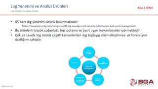 Log Yönetimi ve Analizi Ürünleri
Log Yönetimi ve Saldırı Analizi
@BGASecurity
BGA | SOME
• 85 adet log yönetimi ürünü bulunmaktadır
https://mosaicsecurity.com/categories/85-log-management-security-information-and-event-management
• Bu ürünlerin büyük çoğunluğu log toplama ve basit uyarı mekanizmaları içermektedir.
• Çok az sayıda log ürünü çeşitli kaynaklardan log toplayıp normalleştirmee ve korelasyon
özelliğine sahiptir.
 