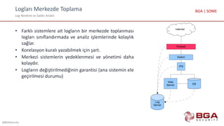 Logları Merkezde Toplama
Log Yönetimi ve Saldırı Analizi
@BGASecurity
BGA | SOME
• Farklı sistemlere ait logların bir merkezde toplanması
logları sınıflandırmada ve analiz işlemlerinde kolaylık
sağlar.
• Korelasyon kuralı yazabilmek için şart.
• Merkezi sistemlerin yedeklenmesi ve yönetimi daha
kolaydır.
• Logların değiştirilmediğinin garantisi (ana sistemin ele
geçirilmesi durumu)
 