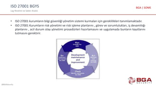 ISO 27001 BGYS
Log Yönetimi ve Saldırı Analizi
@BGASecurity
BGA | SOME
• ISO 27001 kurumların bilgi güvenliği yönetim sistemi kurmaları için gereklilikleri tanımlamaktadır.
• ISO 27001 Kurumların risk yönetimi ve risk işleme planlarını , görev ve sorumlulukları, iş devamlılığı
planlarını , acil durum olay yönetimi prosedürleri hazırlamasını ve uygulamada bunların kayıtlarını
tutmasını gerektirir.
 