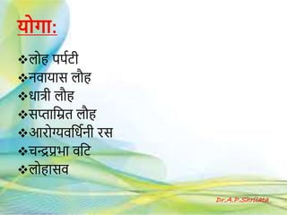 योग :
लोह पपगटी
िवकयकस लौह
धकत्री लौह
सप्तकहित लौह
आरोग्यवहधगिी रस
चन्द्रप्रभक वहट
लोहकसव
Dr.A.P.Shrilata
 