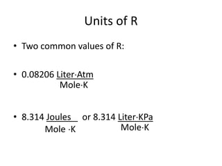 Units of R
• Two common values of R:
• 0.08206 LiterAtm
• 8.314 Joules or 8.314 LiterKPa
MoleK
MoleK MoleK
 