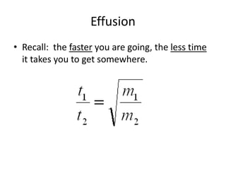 Effusion
• Recall: the faster you are going, the less time
it takes you to get somewhere.
 