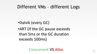 Different VMs – different Logs
•Dalvik (every	GC)
•ART	(if	the	GC	pause	exceeds	
than	5ms	or	the	GC	duration	
exceeds	100ms)
Concurrent VS	Alloc
 