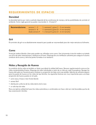 18
REQUERIMIENTOS DE ESPACIO
Densidad
La densidad óptima por metro cuadrado depende de las condiciones de manejo y de las posibilidades de controlar el
ambiente. Como regla general se pueden recomendar 6 – 8 aves/m2.
Grit
El suministro de grit no es absolutamente necesario pero puede ser recomendado para dar mejor estructura al alimento.
Cama
Viruta de madera blanda o bien paja pueden ser utilizadas como cama. Use únicamente viruta de madera no tratada
con el fin de evitar intoxicaciones y residuos en el huevo. Disponga de una ventilación suficiente para asegurar la buena
condición de la cama y retire las partes húmedas si es necesario.
Nidos y Recogida de Huevos
La condición de los nidos es también un factor que afecta la calidad del huevo. Renovar regularmente la cama en los
nidos manteniéndolos limpios. Disponga de nidos individuales a razón de un nido por cada 4 ponedoras. Recoger los
huevos del suelo con frecuencia para mantener su proporción tan baja como sea posible. Además de suficiente espacio
para la puesta de huevos en los nidos de tipo familiar, los siguientes factores son muy importantes para una baja
proporción de huevos puestos en el suelo.
• cama seca y limpia o bien fondo blando
• acceso fácil
• distribución uniforme de los nidos dentro de la nave
• un solo tipo de nidos
Para una óptima calidad de huevo los nidos automáticos o combinados con fosa o slat son más favorables que los de
tipo covencional o familiar.
Recomendaciones semana 1 – 2 1 x semanal 1 g/ave (1 – 2 mm tamaño)
semana 3 – 8 1 x semanal 2 g/ave (3 – 4 mm tamaño)
desde semana 9 1 x mensual 3 g/ave (4 – 6 mm tamaño)
 