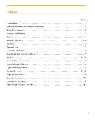 1
ÍNDICE
Pagina
Introducción . . . . . . . . . . . . . . . . . . . . . . . . . . . . . . . . . . . . . . . . . . . . . . . . . . . . . . . . . . . . . 2
Máximos Resultados por Selección Sistemática . . . . . . . . . . . . . . . . . . . . . . . . . . . . . . . . . . . . 2
Datos de Producción . . . . . . . . . . . . . . . . . . . . . . . . . . . . . . . . . . . . . . . . . . . . . . . . . . . . . . . 3
Esquema de Selección . . . . . . . . . . . . . . . . . . . . . . . . . . . . . . . . . . . . . . . . . . . . . . . . . . . . . . 4
Higiene . . . . . . . . . . . . . . . . . . . . . . . . . . . . . . . . . . . . . . . . . . . . . . . . . . . . . . . . . . . . . . . . 5
Alojando las Pollitas . . . . . . . . . . . . . . . . . . . . . . . . . . . . . . . . . . . . . . . . . . . . . . . . . . . . . 5 - 6
Despique . . . . . . . . . . . . . . . . . . . . . . . . . . . . . . . . . . . . . . . . . . . . . . . . . . . . . . . . . . . . . . . 6
Vacunaciones . . . . . . . . . . . . . . . . . . . . . . . . . . . . . . . . . . . . . . . . . . . . . . . . . . . . . . . . . . . . 7
Curva de Crecimiento . . . . . . . . . . . . . . . . . . . . . . . . . . . . . . . . . . . . . . . . . . . . . . . . . . . . . . 8
Peso Corporal, Consumo de Alimento . . . . . . . . . . . . . . . . . . . . . . . . . . . . . . . . . . . . . . . . . . 9
Nutrición . . . . . . . . . . . . . . . . . . . . . . . . . . . . . . . . . . . . . . . . . . . . . . . . . . . . . . . . . . . 10 - 13
Recomendaciones Generales . . . . . . . . . . . . . . . . . . . . . . . . . . . . . . . . . . . . . . . . . . . . . . . . 14
Requerimientos de Espacio . . . . . . . . . . . . . . . . . . . . . . . . . . . . . . . . . . . . . . . . . . . . . . . . . 15
Condiciones Ambientales . . . . . . . . . . . . . . . . . . . . . . . . . . . . . . . . . . . . . . . . . . . . . . . . . . 16
Iluminación . . . . . . . . . . . . . . . . . . . . . . . . . . . . . . . . . . . . . . . . . . . . . . . . . . . . . . . . . 16 - 18
Datos de Producción . . . . . . . . . . . . . . . . . . . . . . . . . . . . . . . . . . . . . . . . . . . . . . . . . . . . . . 19
Curva de Producción . . . . . . . . . . . . . . . . . . . . . . . . . . . . . . . . . . . . . . . . . . . . . . . . . . . . . . 20
Clasificación de Huevo . . . . . . . . . . . . . . . . . . . . . . . . . . . . . . . . . . . . . . . . . . . . . . . . . . . . 20
Productos de Lohmann Tierzucht . . . . . . . . . . . . . . . . . . . . . . . . . . . . . . . . . . . . . . . . . . . . . 21
 
