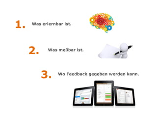 1.   Was erlernbar ist.




     2.     Was meßbar ist.




          3.    Wo Feedback gegeben werden kann.
 