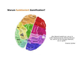 Warum funktioniert Gamification?




                                      „Der Mensch spielt nur, wo er in
                                   voller Bedeutung des Wortes Mensch
                                    ist, und er ist nur da ganz Mensch,
                                                wo er spielt."

                                                         Friedrich Schiller
 