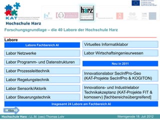 Kompetenznetzwerk für Angewandte
            und Transferorientierte Forschung


  Hochschule Harz
 Forschungsgrundlage – die 40 Labore der Hochschule Harz

 Labore
                       Labore Fachbereich AI                        Virtuelles Informatiklabor

  Labor Netzwerke                                                   Labor Wirtschaftsingenieurwesen

  Labor Programm- und Datenstrukturen                                                   Neu in 2011

  Labor Prozessleittechnik
                                                                    Innovationslabor SecInfPro-Geo
  Labor Regelungstechnik                                            (KAT-Projekte SecInfPro & KOGITON)

  Labor Sensorik/Aktorik                                            Innovations- und Industrielabor
                                                                    Technikakzeptanz (KAT-Projekte FIT &
  Labor Steuerungstechnik                                           komoserv) [fachbereichsübergreifend]
                                                Insgesamt 24 Labore am Fachbereich AI

    Klick

Hochschule Harz : LL.M. (oec) Thomas Lohr                                                  Wernigerode 18. Juli 2012
 