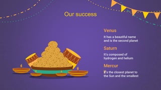 Saturn
It’s composed of
hydrogen and helium
Venus
It has a beautiful name
and is the second planet
Mercur
y
It’s the closest planet to
the Sun and the smallest
Our success
 