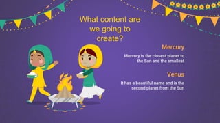 Mercury
Mercury is the closest planet to
the Sun and the smallest
Venus
It has a beautiful name and is the
second planet from the Sun
What content are
we going to
create?
 