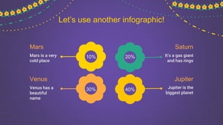 Let’s use another infographic!
Mars
Mars is a very
cold place
Jupiter
Jupiter is the
biggest planet
Saturn
It’s a gas giant
and has rings
Venus
Venus has a
beautiful
name
10%
30%
20%
40%
 