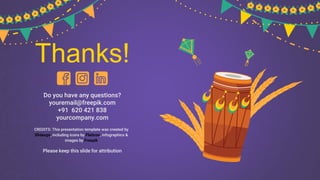 CREDITS: This presentation template was created by
Slidesgo, including icons by Flaticon, infographics &
images by Freepik
Thanks!
Do you have any questions?
youremail@freepik.com
+91 620 421 838
yourcompany.com
Please keep this slide for attribution
 