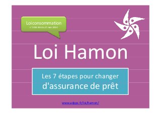Loi consommation 
n° 2014‐344 du 17 mars 2014 
Loi HamonLoi Hamon
Les 7 étapes pour changer 
' êd'assurance de prêt
www.adppc.fr/loi/hamon/
 