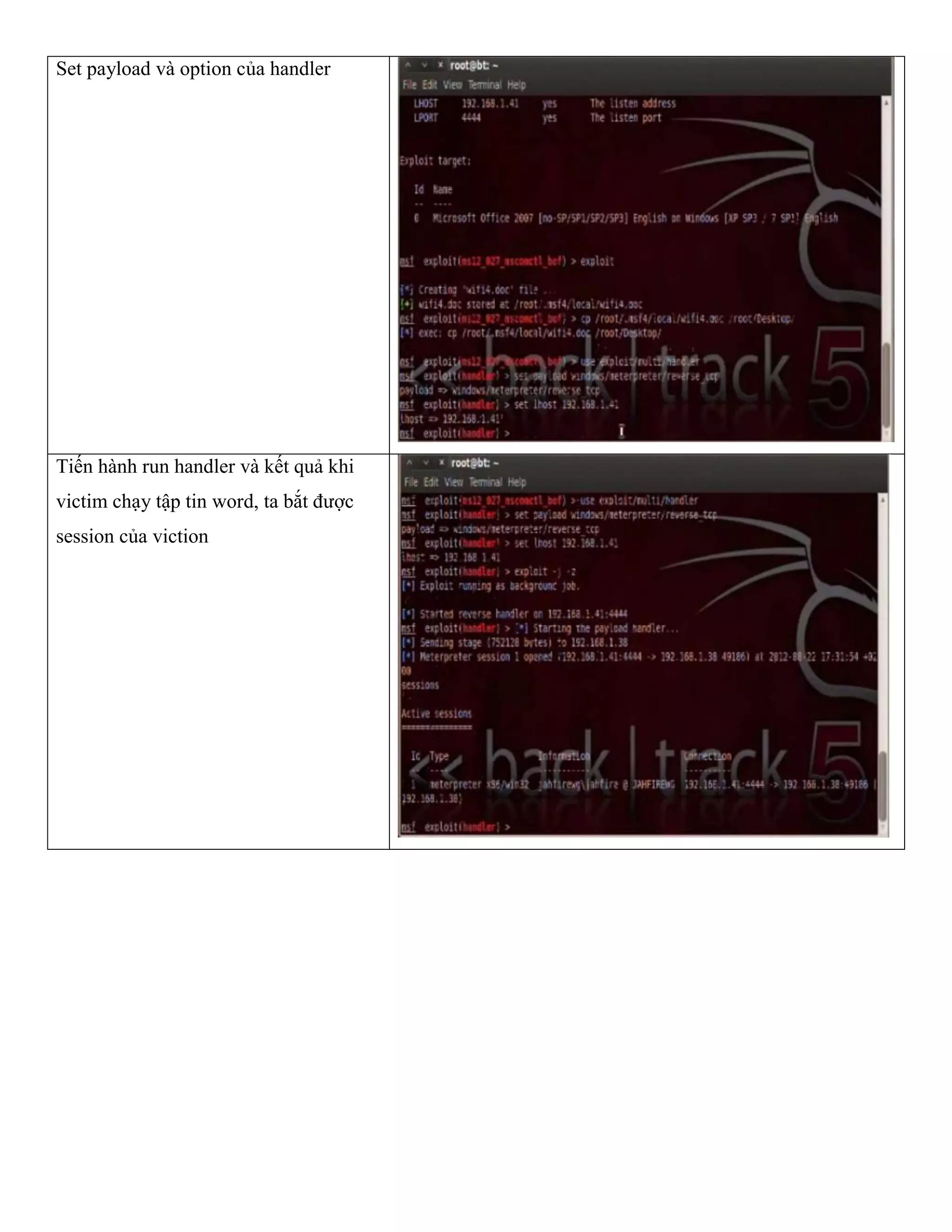Set payload và option của handler
Tiến hành run handler và kết quả khi
victim chạy tập tin word, ta bắt được
session của viction
 