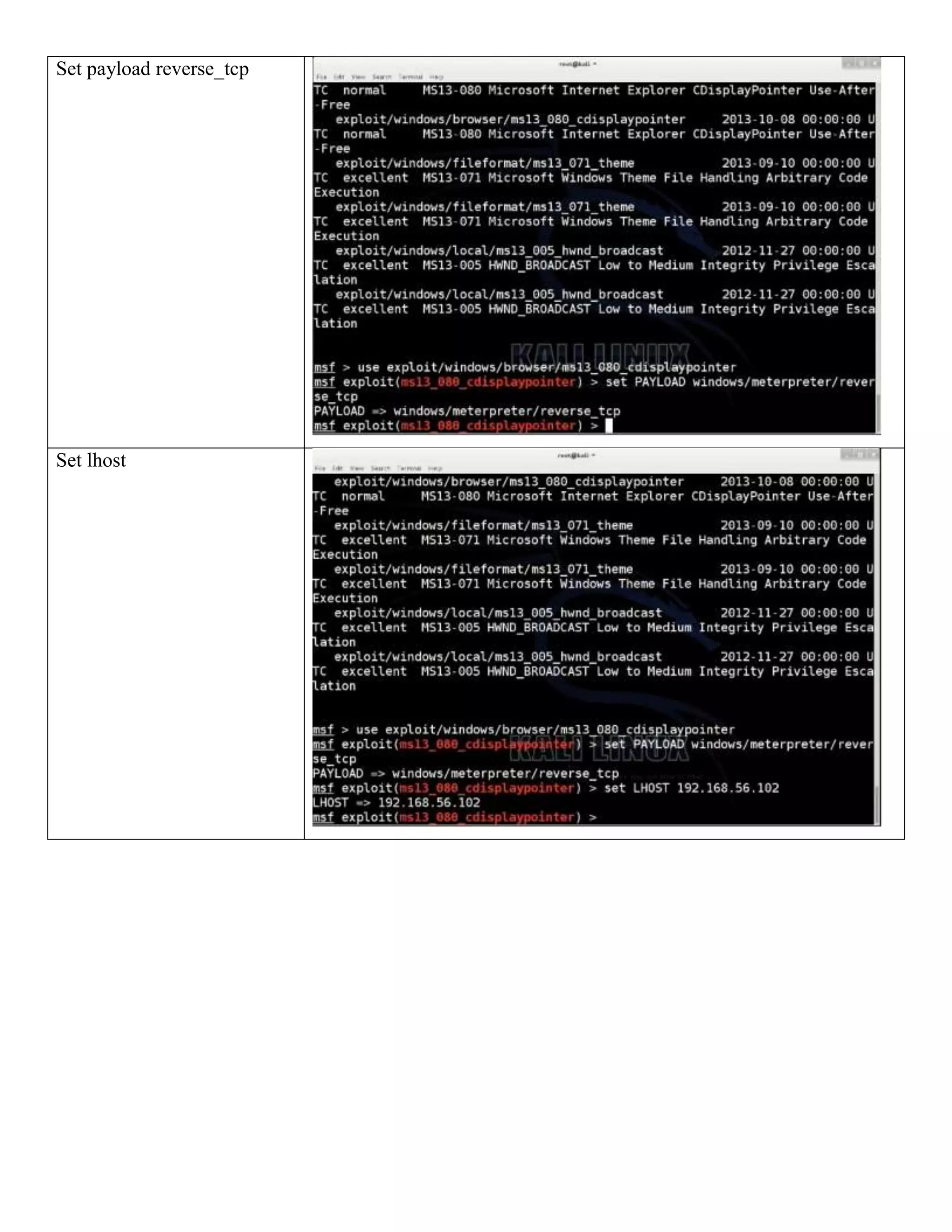 Set payload reverse_tcp
Set lhost
 