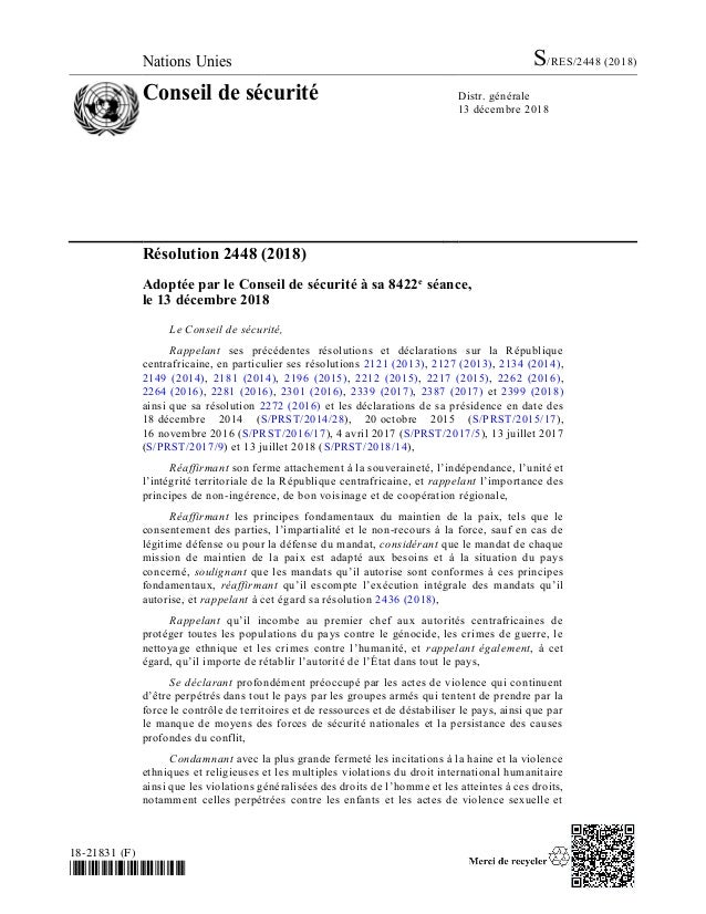 Conseil de sécurité Résolution 2448 (2018) Adoptée par le Conseil de