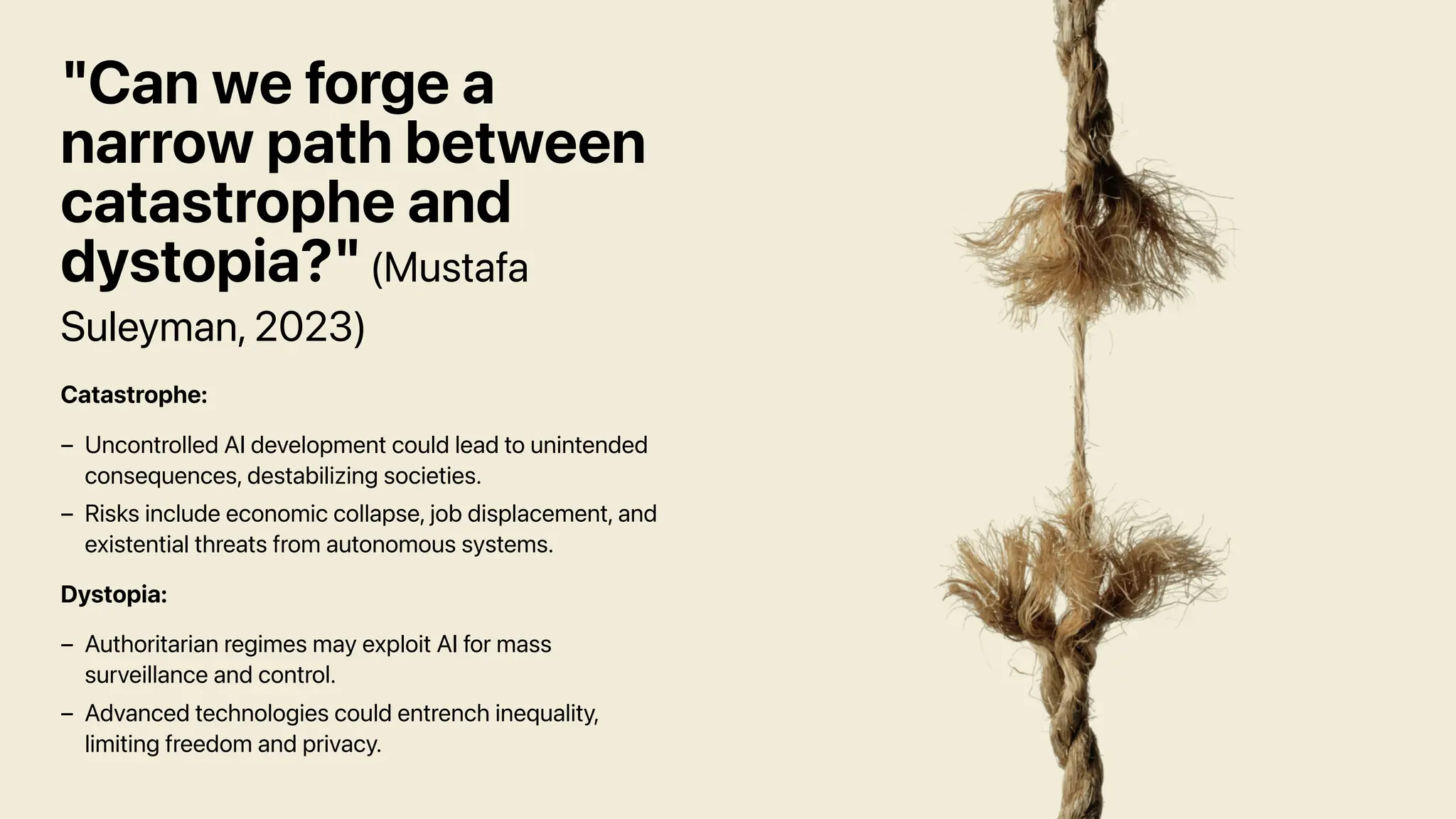 "Can we forge a
narrow path between
catastrophe and
dystopia?" (Mustafa
Suleyman, 2023)
Catastrophe:
Dystopia:
Uncontrolled AI development could lead to unintended
consequences, destabilizing societies.
–
Risks include economic collapse, job displacement, and
existential threats from autonomous systems.
–
Authoritarian regimes may exploit AI for mass
surveillance and control.
–
Advanced technologies could entrench inequality,
limiting freedom and privacy.
–
 
