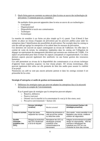 6
2. Quels freins peut-on constater ou entrevoir dans la mise en œuvre des technologies de
prévention ? Comment peut-on y remédier ?
De multiples freins peuvent apparaitre dans la mise en œuvre de ces technologies :
- Conceptuel
- Organisationnel
- Disponibilité et accès aux connaissances
- Techniques
- Economique
La manière de remédier à ces freins est plus simple qu’il n’y parait. Tout d’abord il faut
mettre en place un réseau d’équipes de prévention par les pouvoirs publics pour aider les
entreprises dans l’identification des possibilités de prévention. Par exemple dans les zoning se
crée des asbl qui agrège les entreprises et les aident dans les mesures de prévention.
Ces dernières ont souvent un aspect contraignant au niveau de l’adhésion. En effet dans le
contrat de vente du terrain, les entreprises implantées dans les zoning ont l’obligation de
dégager un représentant du management (décideur) qui assistera aux réunions de l’ASBL. Cet
aspect est primordial pour faire évoluer les aspects conceptuels et organisationnels. Ces deux
derniers aspects peuvent également être améliorés via une bonne gestion des ressources
humaines.
Ces asbl permettent au niveau de la disponibilité des connaissances et au niveau technique
d’apporter leurs expertises acquises via leur réseau propre. AU niveau économique, elles
peuvent également être utiles car elle permette de faire des audits pour assurer la viabilité
d’un projet.
Néanmoins ces asbl ne sont pas encore présente partout et dans les zonings existant il est
primordial de les créer.
Stratégie d’entreprise et outils de gestion environnementale
1. Définissez les stratégies types que peuvent adopter les entreprises face à la nécessité
de la prise en compte de l’environnement.
Il ya 4 grand types de stratégies que le entreprises peuvent adopter :
o Réactive, défensive
o Passive (suiveur)
o Orienté vers le marché (si le consomateur le veut je le fais sinon, non)
o Pro-active (environement = facteur clé)
Exemple Suiveur (stratégie
curative) Market-oriented
Environnement facteur clé
(stratégie proactive)
Taxes et normes Payer les taxes,
respecter les normes
Réduire les émissions si
cela accroît les ventes
ou réduit les coûts
Zero waste : moins sensible à une
législation plus stricte, meilleure
position de négociation
Qualité
(exemple :
problème des
CFC)
Stopper la production
des CFC seulement
si la loi le requiert
Remplacer les CFC ou
développer produits
substituts si les
consommateurs le
demandent
Intégrer environnement et qualité;
design for disposability ; être les
premiers à développer les
substituts aux CFC en vue
d'orienter le choix des normes
 