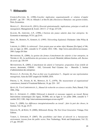 20
7. Bibliographie
CHARLES-PAUVERS, B., (1998), Concilier implication organisationnelle et relation d’emploi
flexible? , pp. 338 – 350, in: Allouch J. et Sire B. (dir.) Ressources Humaines: une gestion éclatée,
Paris, Economica.
DEJOUX, C. , WECHTLER H., (2011), Diversité générationnelle: implications, principes et outils de
management, Management & Avenir, 2011/3 - n° 43 pp. 227-238.
GLAUDE, M., JAROUSSE, J.-P., (1998), L’horizon des jeunes salariés dans leur entreprise. In:
Economie et statistique, N°211, pp.23-41.
GRAY, M., HODSON, N., GORDON, G. (1995). Teleworking Explained, Chichester: John Wiley &
Sons.
LARGIER, A. (2001). Le teletravail : Trois projets pour un même objet, Réseaux [En ligne], n°106,
mis en ligne en 2001, consulté le 27 octobre 2012. URL : http://www.cairn.info/revue-reseaux-
2001-2-page-201.htm
MEYSSONIER, R., (2006), La gestion des formes d’attachement des salariés à leur entreprise, in
TREMBLAY, M., La mobilisation des personnes au travail, Montréal, éditions Gestion, coll. Racines
du savoir, pp. 330-359
MEYSSONNIER, R., (2005), L’attachement du salarié à l’entreprise: proposition d’une échelle de
mesure, doctorante, CEROG – IAE, Université Paul Cézanne Aix – Marseille 3, Institut
d’administration des entreprises
PICHAULT, F., PLEYERS, M., Pour en finir avec la génération Y… Enquête sur une représentation
managériale, Actes du XXIe
congrès de l'AGRH, 2010.
PORTER, L. W., STEERS, R. M., MOWDAY, R. T., (1979), The measurement of organizational
commitment, Journal of Vocational Behavior, 14, pp. 224 – 247.
QUIVY, R., VAN CAMPENHOUDT, L., Manuel de recherche en sciences sociales, Paris, Dunod, 3°éd,
2006, 256p.
REY, C., SITNIKOFF, F., (2006) Télétravail à domicile et nouveaux rapports au travail, Revue
Interventions économiques [En ligne], 34/2006, mis en ligne le 1er juillet 2006, consulté le 7
octobre 2012. URL: http://interventionseconomiques.revues.org/697
SABA, T., (2009), Les différences intergénérationnelles au travail : faire la part des choses, in
Gestion, Vol. 34, pp. 25-37.
STRAUSS, W., & HOWE, N. (2000), Millennials Rising: The Next Great Generation: Vintage, First
Edition.
TASKIN, L. EDWARDS, P. (2007). The possibilities and limits of telework in a bureaucratic
environment: lessons from the public sector, New Technology, Work and Employment, Vol. 22,
n°3, pp. 195-207.
 